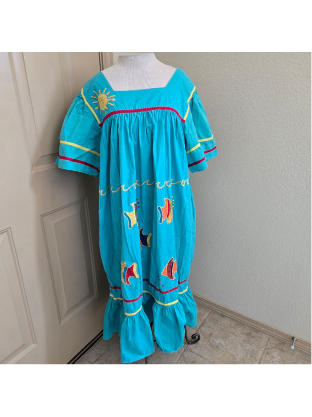 Vintage 90s Erika Taylor Turquoise Cotton Patio Dress Sequin Fish Sun XL